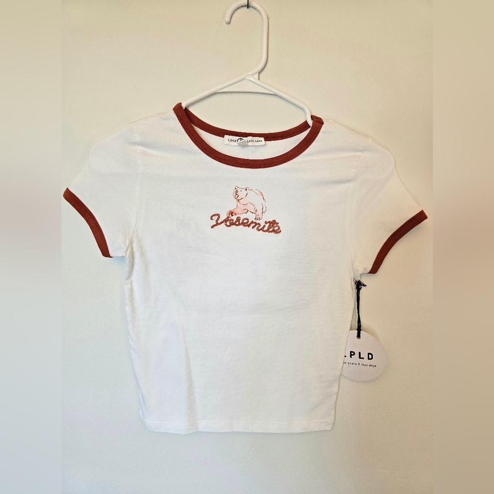 White Ringer Tee with Rust Trim and Yosemite Bear